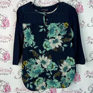 Van Heusen long sleeve flowers top shirt blue Navy Floral Blouse with Lace